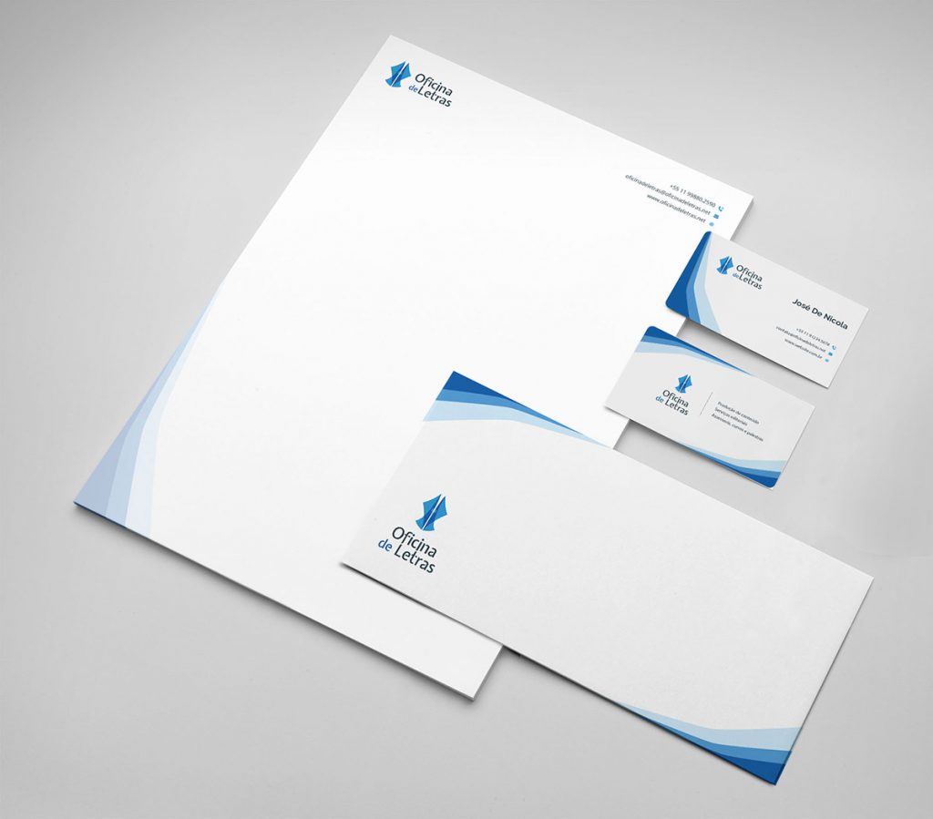 Materiais de papelaria essenciais: Timbrado, cartões de visitas, envelope.